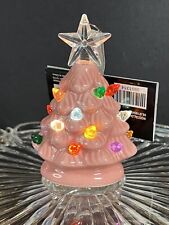 🎄 Lit Pink Ceramic Retro Christmas Tree Lighted Ornament~Shining Star Topper picture