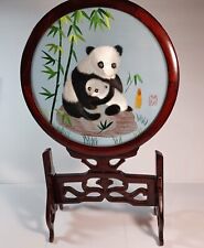 Chinese Double Sided Handmade Silk Embroidery Panda Bears Baby Swivel Wood Frame picture