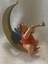 Vtg Wendt & Kuhn Erzgebirge Germany Hand Painted Wooden Angel on Moon w/horn 3” picture
