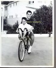 Jeffrey Hunter on bicycle with son Chris at their home rare 1961 candid photo picture