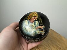 Vintage Round Hand Painted Woman Tea Cup Russian Lacquer Box Artist Signed 4” picture