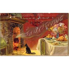 Vtg Postcard Thanksgiving Black Cat Steam Turkey Fireplace Table Posted 1908 picture