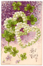Best Wishes c1908 floral hearts, four leaf clover, vintage embossed greeting picture