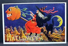 Halloween Postcard Witch On JOL Broom Black Cat Int. Art Co.~ 1910 picture