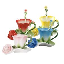 4pcs Set 3D Rose Flower Enamel Ceramic Coffee Tea Cup Saucer Spoon Porcelain Cup picture