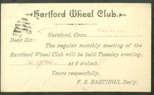 Hartford Wheel bicycle Club CT postal card re: Regular Meeting 7/11 1891 picture