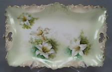 RS Prussia White Lily Flowers Green & Gold Dresser Tray Circa 1880-1910 picture