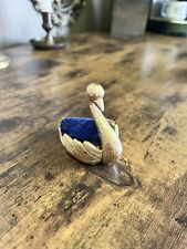 Vtg Gold Tone Metal Swan Pin Cushion unbranded. Royal Blue Felt, Great Condition picture
