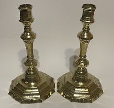 Antique pair of ca. 1750 French seamed brass candlesticks, chased decoration picture