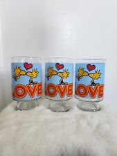 Lot Of 3 WOODSTOCK LOVE LARGE DRINKING GLASSES 1965, PEANUTS, SNOOPY picture