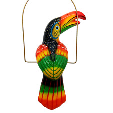Hanging Toucan Parrot Bird in Brass Ring Perch Mexican Ceramic Animal Large 18in picture