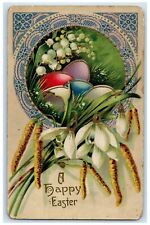 1914 Happy Easter Flowers Eggs Cattail Gel Gold Gilt Akron OH Antique Postcard picture