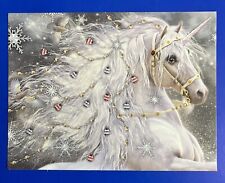 WHITE CHRISTMAS UNICORN HORSE POSTCARD ARABIAN LIPIZZAN ORNAMENT ART 4.25”x5.5” picture