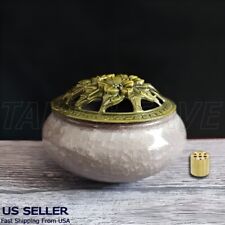 Ceramic incense burner with Metal Flower lid & Brass Stick Holder Grey Zen Yoga picture