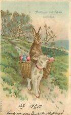 Latvian Embossed Gilded Easter Postcard Rabbit Rides Lamb Colored Egg Basket picture