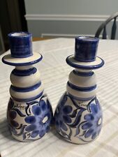 Pair of Vtg Italy Red Clay Blue White Floral Candlestick Holders Signed picture