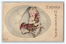 c1910's Easter Greetings Baby In Giant Egg Rooster Chicken Hen Antique Postcard picture