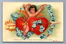 C.1910 ORANGE CUPID FLYING ON 2 HEART ARROW, LOVE DIVINE VALENTINE Postcard P15 picture