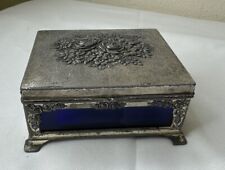 Vintage Silver Tone Roses Floral Cobalt Glass Trinket Jewelry Box Footed Japan picture
