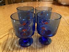 VTG Blue Hand Painted Glasses 3” Birds Berries Ribbons set of 4 picture