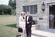 1959 Young Couple Man Woman in Suit Dress Outside Portrait 50s Vtg 35mm Slide picture