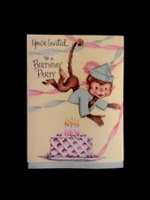 c1950's  Vintage Fairfield Greeting Card 2 X 3 Monkey's 'Birthday Party Invite' picture