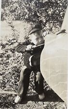 Future Mechanic Cute Toddler Boy Working on Car Taiil Light Vintage Photo picture