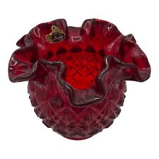 Fenton Art Glass Diamond Star Pattern Ruby Red Amberina Bowl Vase Ruffled Edge picture