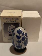 Vintage Porcelain Egg Blue Floral Design With Stand Original Box picture
