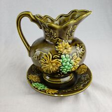 Gorgeous Vintage Ceramic Pitcher Plate / Saucer Set Green Brown Made In Japan picture