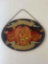 Joan Baker Jack-o-Lantern Happy Halloween Hand Painted Suncatcher Art Glass 7x5 picture