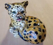 Italian Mid Century Hand Painted Majolica Leopard Cub Statue  picture