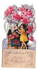Vintage Valentine 3D Pop Up Pull Down Die Cut Girl Flowers Dove Love Letter picture