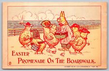Easter Promenade On The Boardwalk Anthropomorphic Chicken Bunny Old Postcard D27 picture