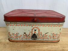 Vtg Vented Tin Bread Box w/ Hinged Lid Lady Garden Roses Fence Gate 13.5x9.5x6.5 picture