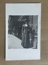 Postcard RPPC Woman Dress Big Hat City Sidewalk Street Scene Vintage Real Photo picture