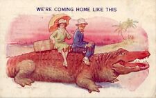 WE'RE COMING HOME LIKE THIS Bamforth Comic Touring 1932 Man & woman on gator picture