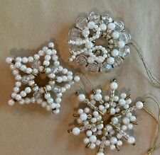 3 Vintage Safety Pin Christmas Ornaments Clear & White Beaded  picture