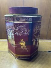 VINTAGE TIN  OCTAGON  ORIENTAL THEME  70'S  CANISTER METAL STORAGE THREADED LID picture