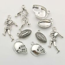 6 Football Themed Charms Antiqued Silver Tone Sport Pendants Team Assorted picture