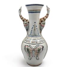 Erandi Mexican Pottery Tonala Vase Raised Butterfly Design Bird Handles 14” Rare picture