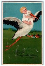 1908 Hearty Congratulations Stork Delivering Baby Embossed Warsaw IN Postcard picture