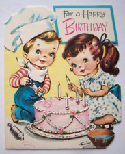 Children decorating cake embossed vintage birthday greeting card *LL1 picture