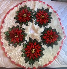Vintage 36” Poinsettia Latch Hook Christmas Tree Skirt Red White Green COMPLETE picture