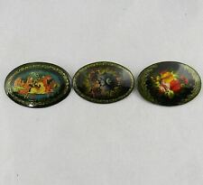 3 Russian Lacquer Hand Painted Papier Mache Brooch Pins Artist Signed picture
