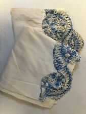 2 Vintage Pillowcases Blue & White  Front Crochet Edge picture