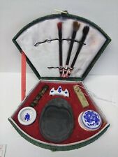 Vintage Chinese Calligraphy Set 3 Bamboo Brushes, Ink Stones, Porcelain Dishes picture