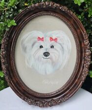 Vintage Oval Wood Frame Handpainted Acrylic Maltese Dog Signed picture
