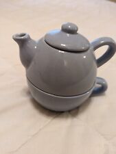 Pier 1 Stoneware Tea for One 3 pc Stackable Set with Teapot, Lid and Cup blue  picture