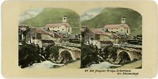 c1890's Color Stereoview Card Old Hospital Bridge St. Gotthard Uri, Switzerland picture